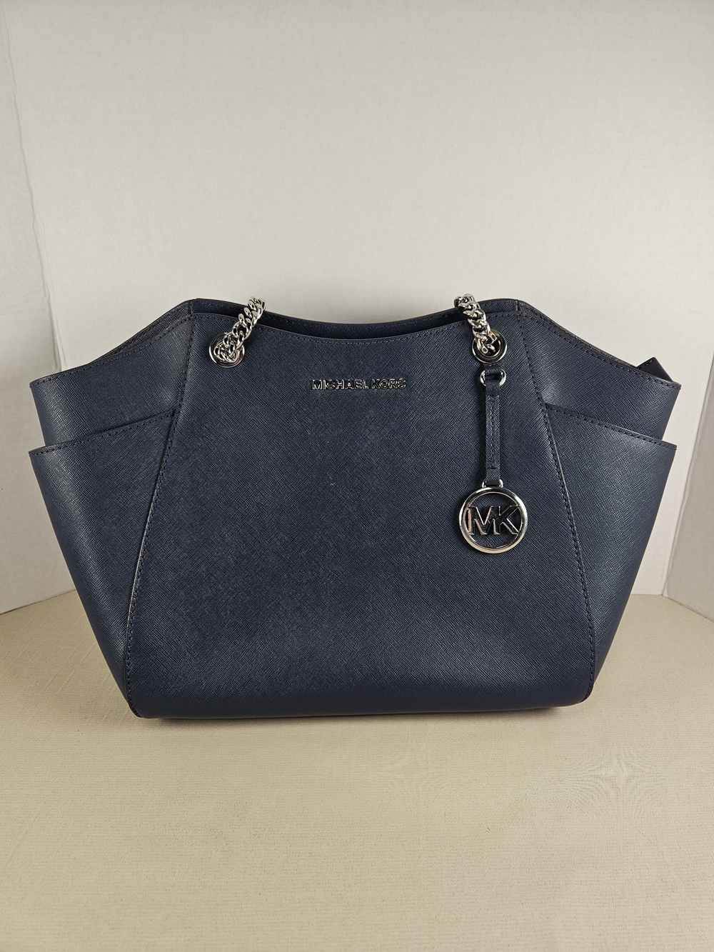 MICHAEL KORS JET SET TRAVEL LARGE CHAIN SHOULDER TOTE BAG MK BLUE LEATHER SILVE